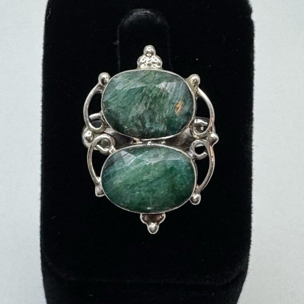Sterling Silver Zambian Double Emerald Ring Size 9.5 Artisan Statement Jewelry
